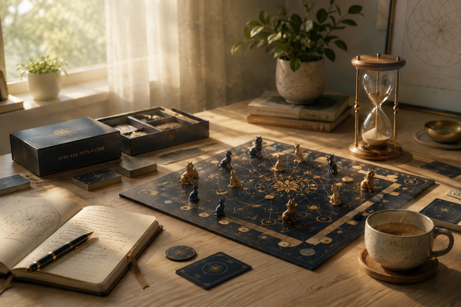 Игровое поле трансформационной игры: свет из окна, песочные часы, чашка с чаем